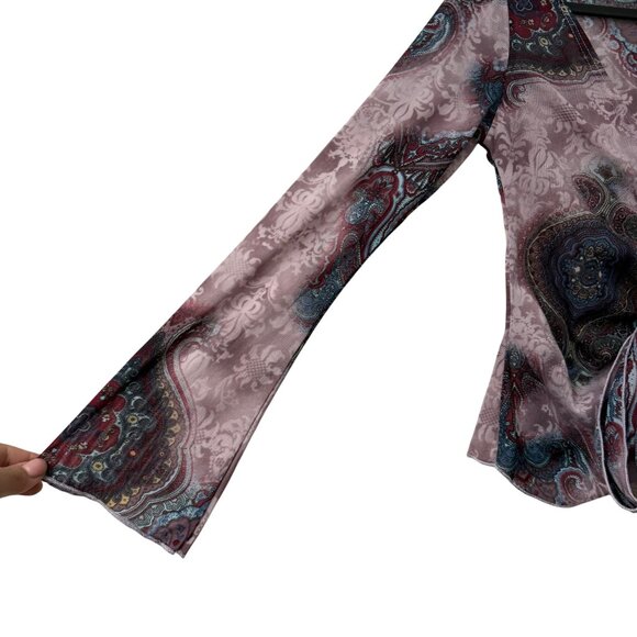 VTG MCM Purple Paisley Mesh Ruched Tie Fairy Whimsical Y2K Blouse Petite Medium - Picture 3 of 5